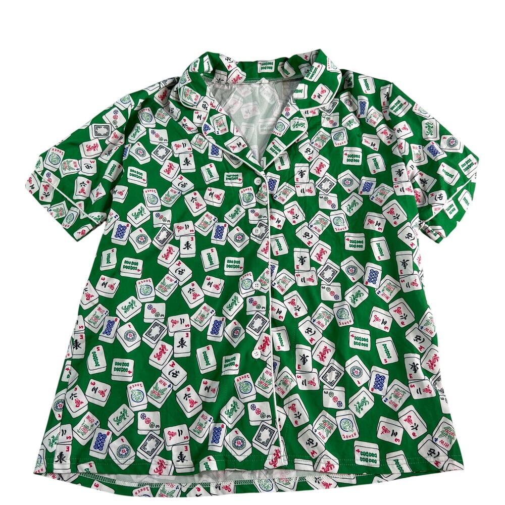 Mahjong Tile Print Pajama Top Lounge Sleep Shirt Green White Contrast Trim sz M